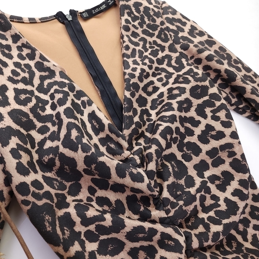 Zara Panther Print Rouged Front and Sleeve Dress Sz Xs - Picture 5 of 13